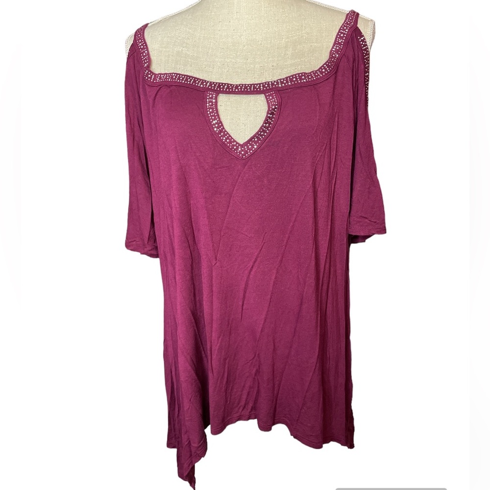 SJS Studded Neckline Cold Shoulder Magenta Blouse